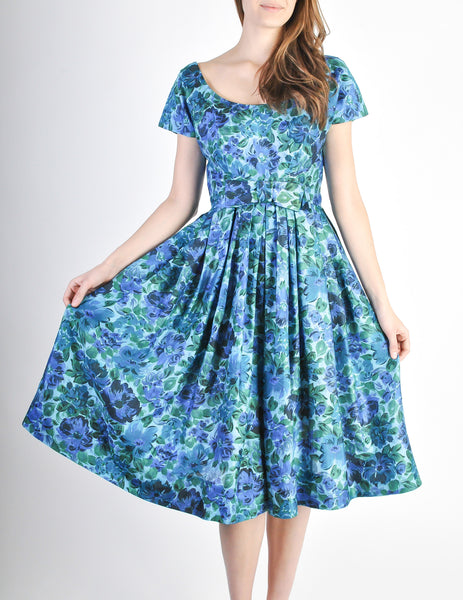 Vintage 1950s Blue Floral Raw Silk Full Skirt Dress