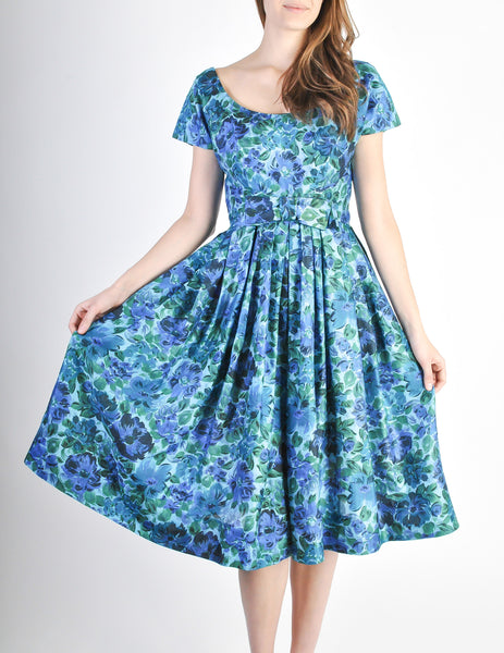 Vintage 1950s Blue Floral Raw Silk Full Skirt Dress - Amarcord Vintage Fashion
 - 2