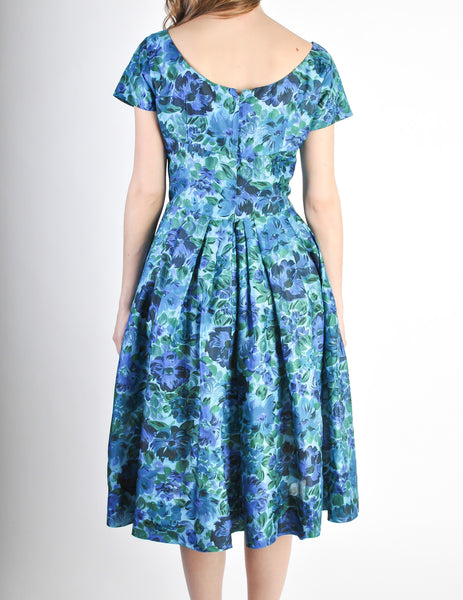 Vintage 1950s Blue Floral Raw Silk Full Skirt Dress
