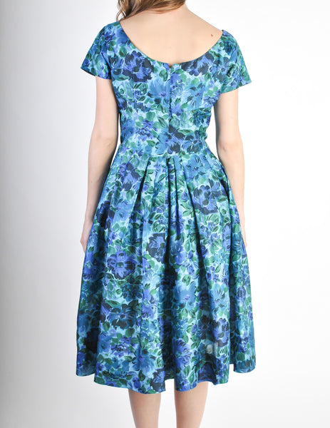 Vintage 1950s Blue Floral Raw Silk Full Skirt Dress - Amarcord Vintage Fashion
 - 6