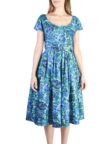 Vintage 1950s Blue Floral Raw Silk Full Skirt Dress