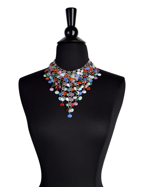 1960s Vintage Multicolor Glass Bead Silver Ring Multistrand Cascading Waterefall Necklace