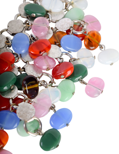 1960s Vintage Multicolor Glass Bead Silver Ring Multistrand Cascading Waterefall Necklace
