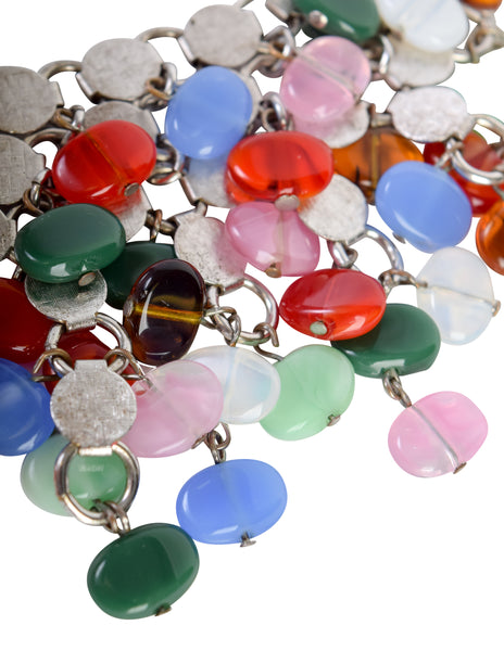 1960s Vintage Multicolor Glass Bead Silver Ring Multistrand Cascading Waterefall Necklace