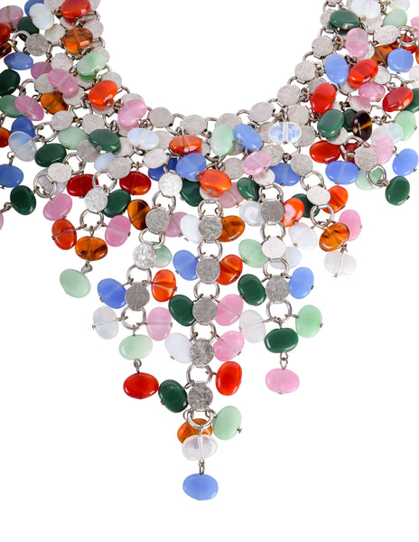 1960s Vintage Multicolor Glass Bead Silver Ring Multistrand Cascading Waterefall Necklace