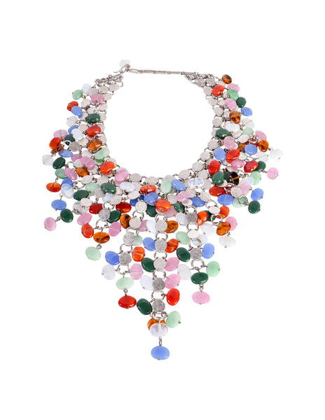 1960s Vintage Multicolor Glass Bead Silver Ring Multistrand Cascading Waterefall Necklace