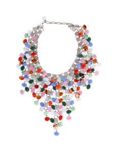 1960s Vintage Multicolor Glass Bead Silver Ring Multistrand Cascading Waterefall Necklace