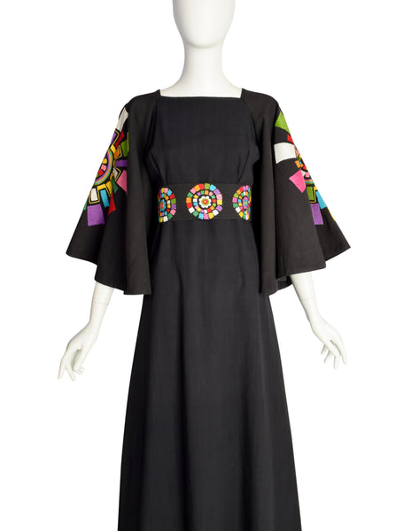 Gorgeous Vintage 1960s Mexican Black Cotton Maxi Dress with Huge Embroidered Rainbow Mandala Bell Sleeves