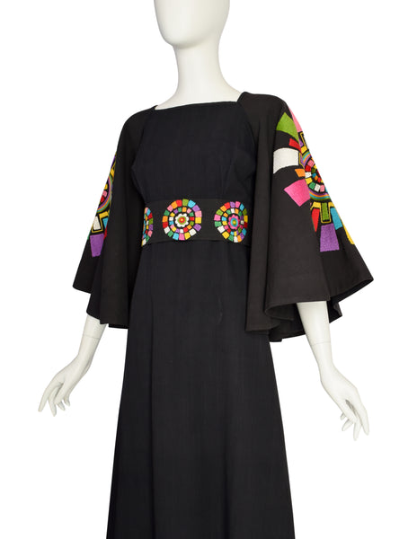 Gorgeous Vintage 1960s Mexican Black Cotton Maxi Dress with Huge Embroidered Rainbow Mandala Bell Sleeves