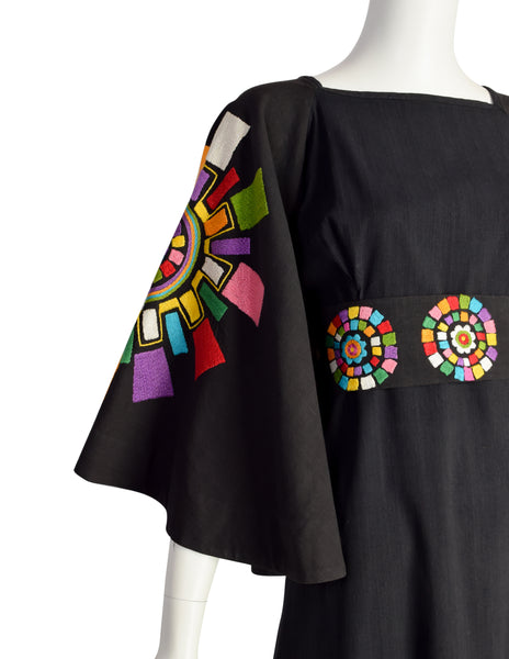 Gorgeous Vintage 1960s Mexican Black Cotton Maxi Dress with Huge Embroidered Rainbow Mandala Bell Sleeves