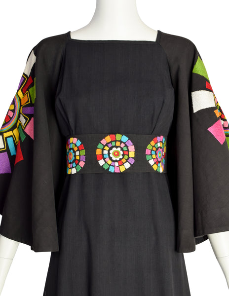 Gorgeous Vintage 1960s Mexican Black Cotton Maxi Dress with Huge Embroidered Rainbow Mandala Bell Sleeves