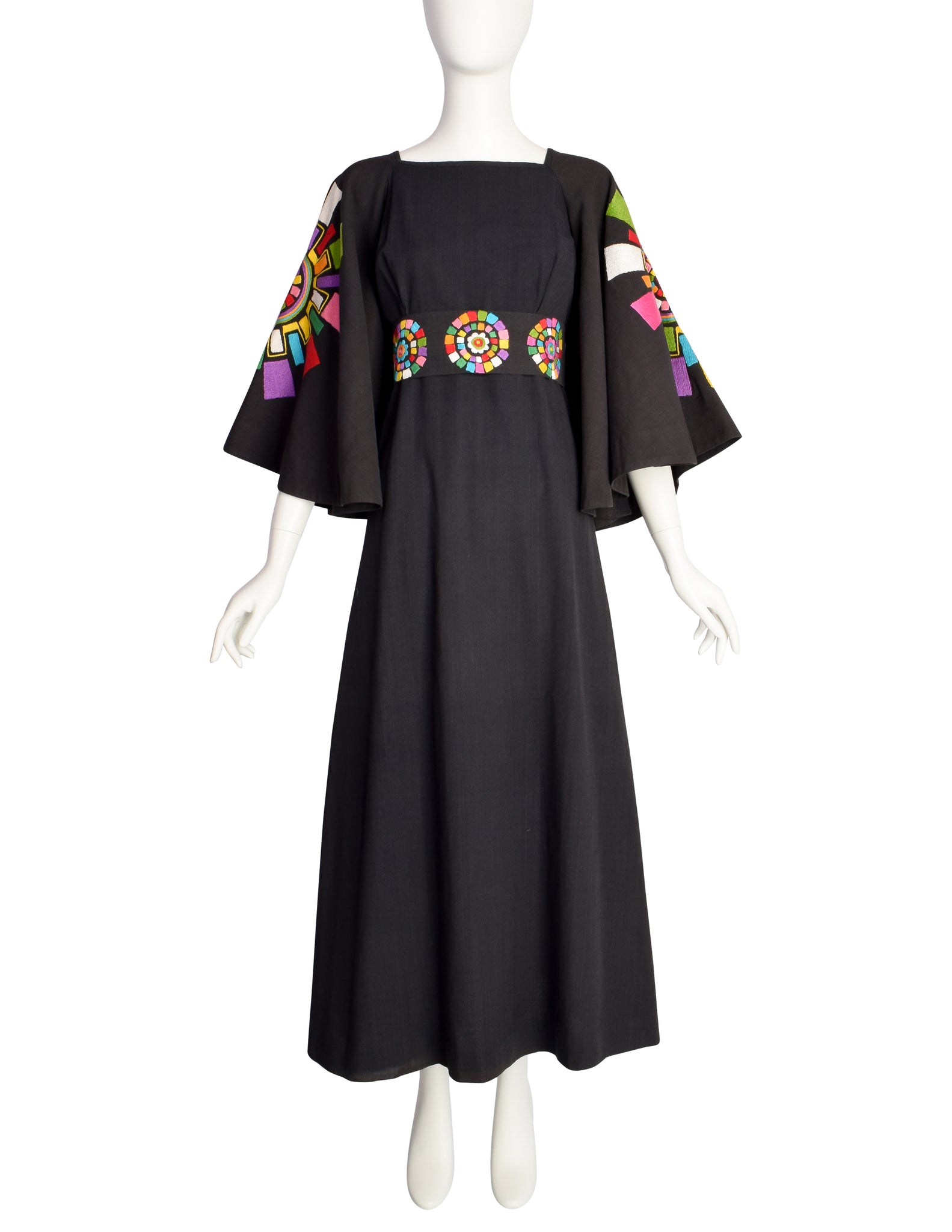 Gorgeous Vintage 1960s Mexican Black Cotton Maxi Dress with Huge Embroidered Rainbow Mandala Bell Sleeves