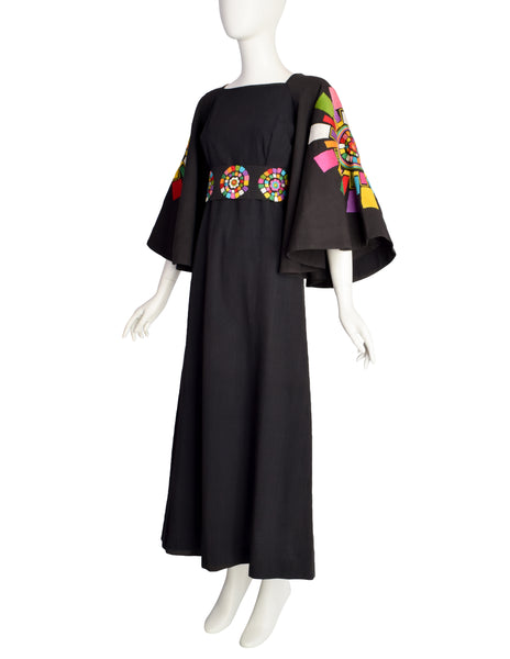 Gorgeous Vintage 1960s Mexican Black Cotton Maxi Dress with Huge Embroidered Rainbow Mandala Bell Sleeves