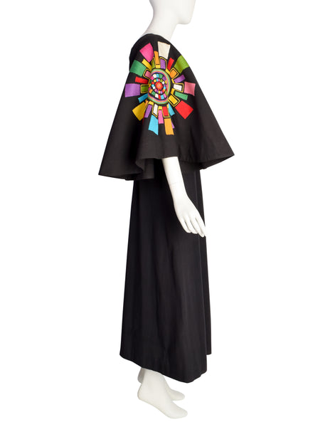 Gorgeous Vintage 1960s Mexican Black Cotton Maxi Dress with Huge Embroidered Rainbow Mandala Bell Sleeves