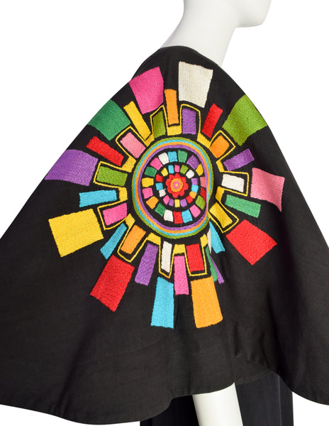 Gorgeous Vintage 1960s Mexican Black Cotton Maxi Dress with Huge Embroidered Rainbow Mandala Bell Sleeves