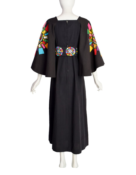 Gorgeous Vintage 1960s Mexican Black Cotton Maxi Dress with Huge Embroidered Rainbow Mandala Bell Sleeves