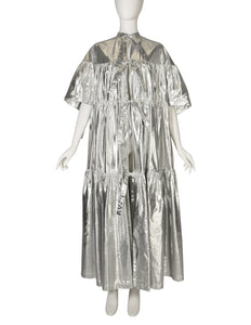 1980s Vintage Metallic Silver Lame Tiered Tie Front Duster