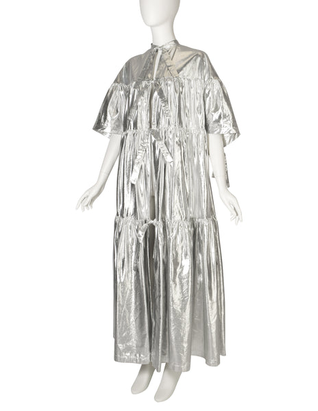 1980s Vintage Metallic Silver Lame Tiered Tie Front Duster