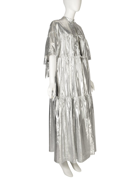 1980s Vintage Metallic Silver Lame Tiered Tie Front Duster