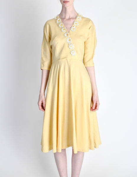 Vintage 1940s Yellow Linen Daisy Dress