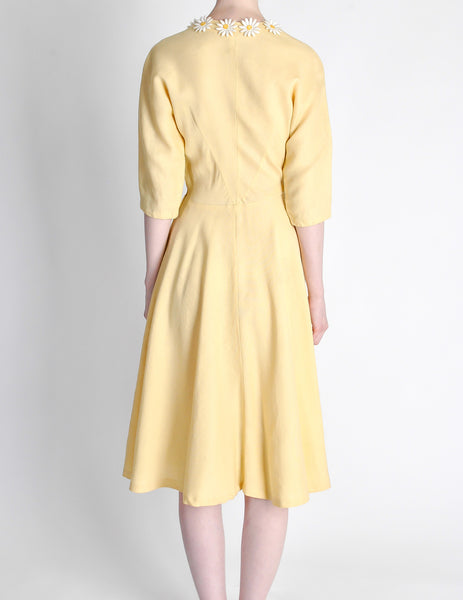 Vintage 1940s Yellow Linen Daisy Dress