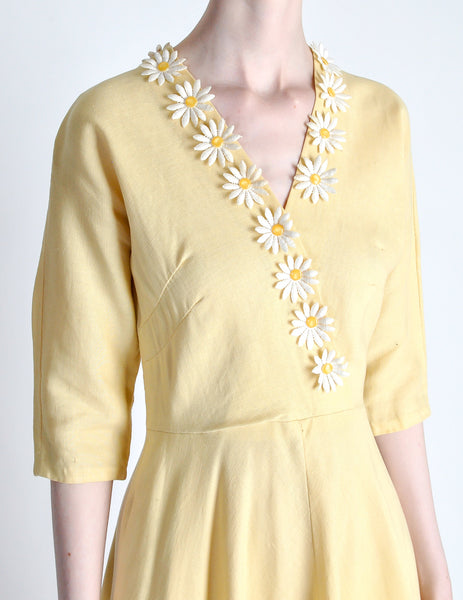Vintage 1940s Yellow Linen Daisy Dress