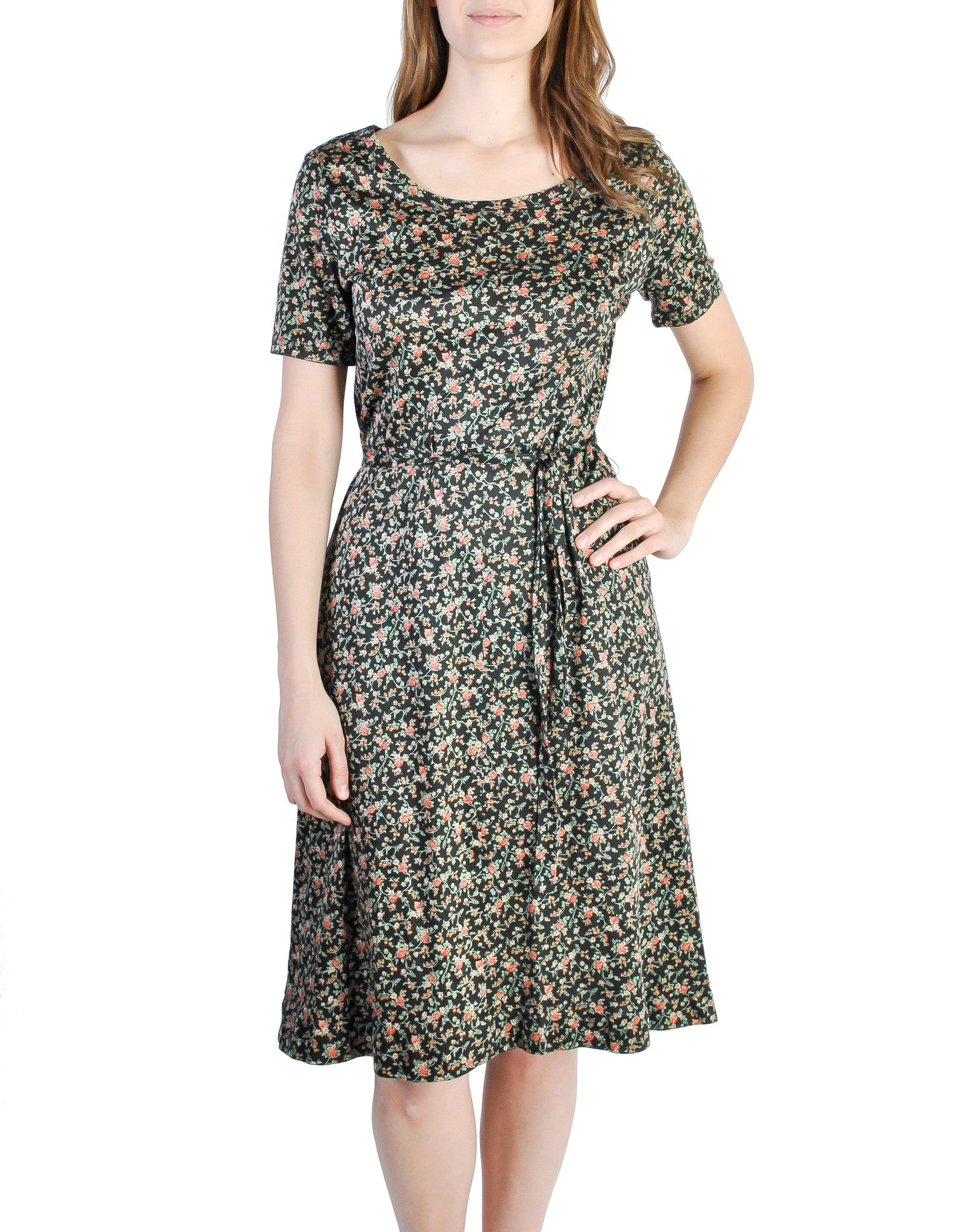 Vintage 1970s Black Floral Cotton Dress