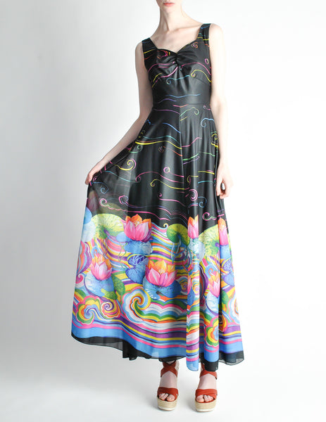 Vintage 1970s Colorful Psychedelic Water Lily Maxi Dress