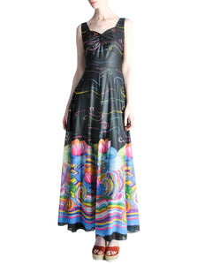 Vintage 1970s Colorful Psychedelic Water Lily Maxi Dress