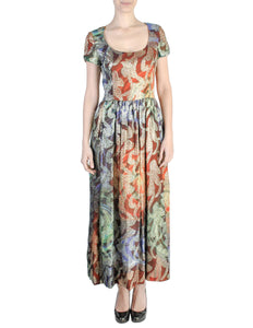Vintage 1970s Harvest Moon Watercolor Brocade Maxi Dress