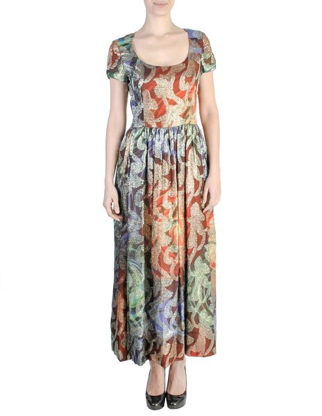 Vintage 1970s Harvest Moon Watercolor Brocade Maxi Dress