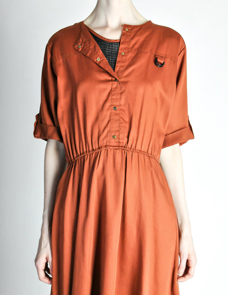 Vintage 1970s Rust Orange Black Mesh Shirt Dress - Amarcord Vintage Fashion
 - 3