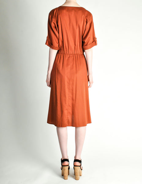 Vintage 1970s Rust Orange Black Mesh Shirt Dress