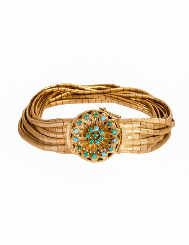 1960s Vintage Mid Century Italian 750 Gold (18k) Florentine Finish Filigree Turquoise Multistrand Spaghetti Bracelet
