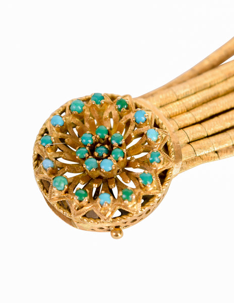 1960s Vintage Mid Century Italian 750 Gold (18k) Florentine Finish Filigree Turquoise Multistrand Spaghetti Bracelet