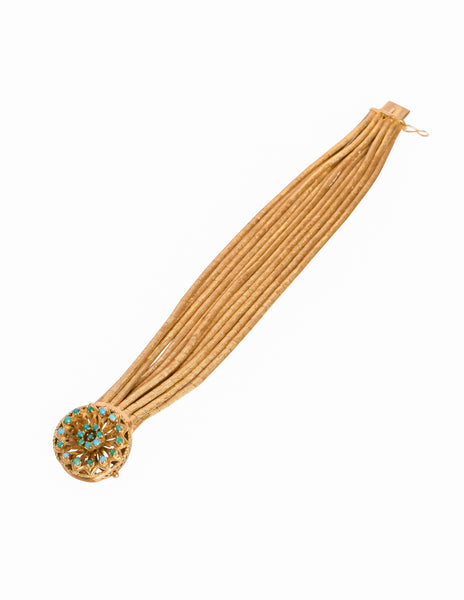 1960s Vintage Mid Century Italian 750 Gold (18k) Florentine Finish Filigree Turquoise Multistrand Spaghetti Bracelet