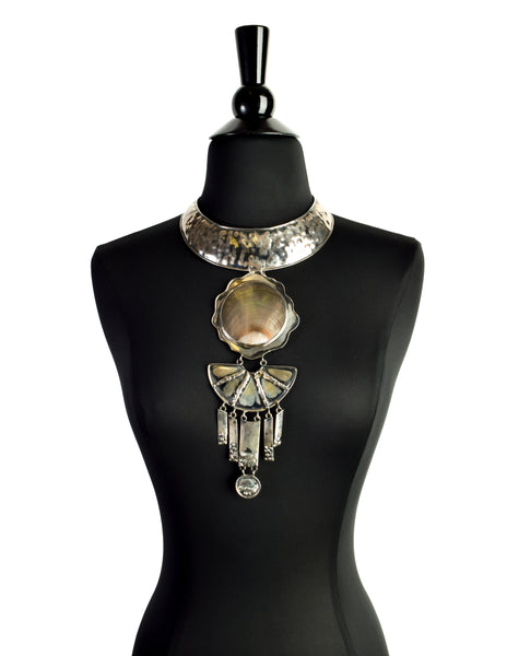 Superb Vintage Hammered 940 Silver Mother of Pearl Shell Tiered Choker Necklace