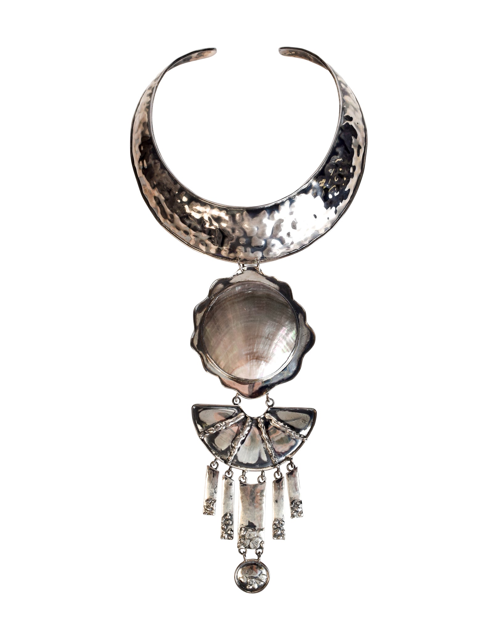 Superb Vintage Hammered 940 Silver Mother of Pearl Shell Tiered Choker Necklace