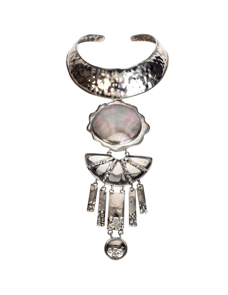 Superb Vintage Hammered 940 Silver Mother of Pearl Shell Tiered Choker Necklace