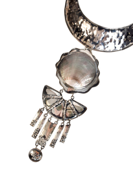 Superb Vintage Hammered 940 Silver Mother of Pearl Shell Tiered Choker Necklace