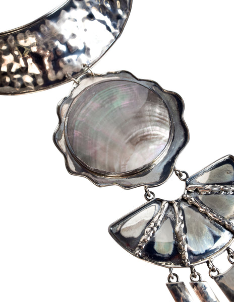 Superb Vintage Hammered 940 Silver Mother of Pearl Shell Tiered Choker Necklace