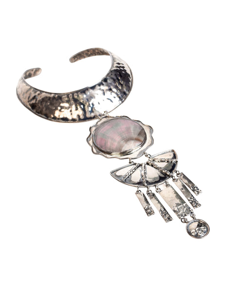 Superb Vintage Hammered 940 Silver Mother of Pearl Shell Tiered Choker Necklace