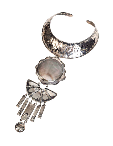 Superb Vintage Hammered 940 Silver Mother of Pearl Shell Tiered Choker Necklace