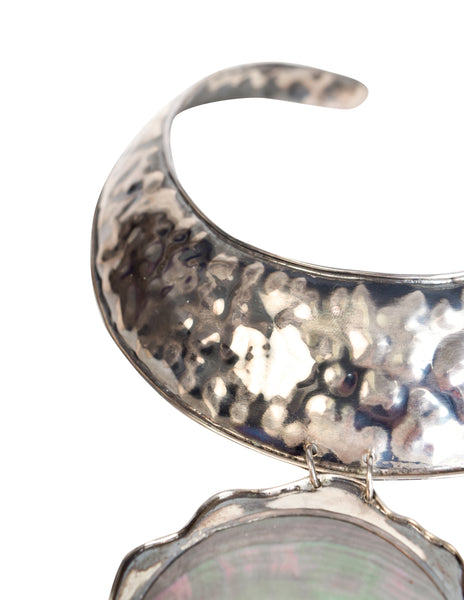Superb Vintage Hammered 940 Silver Mother of Pearl Shell Tiered Choker Necklace