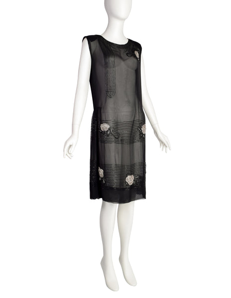 Abby Fredelle Vintage 80s Does 20s Black Sheer Silk Chiffon Beaded Flapper Style Dress