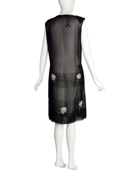 Abby Fredelle Vintage 80s Does 20s Black Sheer Silk Chiffon Beaded Flapper Style Dress