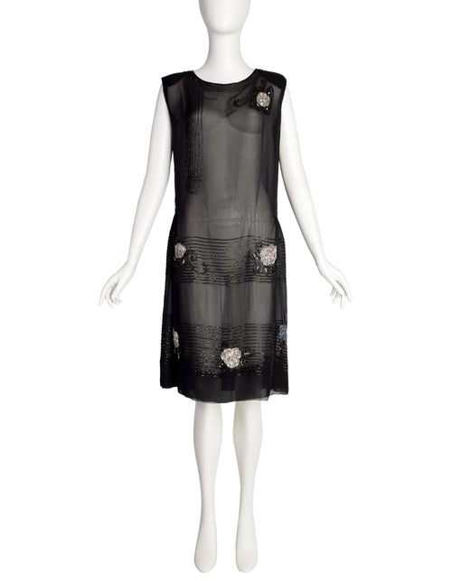 20s black dress Abby Fredelle Vintage 80s Does 20s Black Sheer Silk Chiffon Beaded Flapper Style Dress