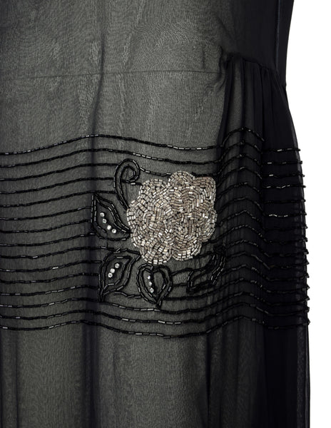 Abby Fredelle Vintage 80s Does 20s Black Sheer Silk Chiffon Beaded Flapper Style Dress