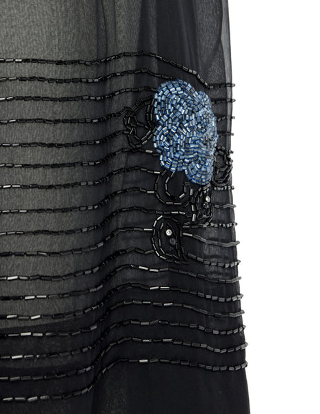 Abby Fredelle Vintage 80s Does 20s Black Sheer Silk Chiffon Beaded Flapper Style Dress