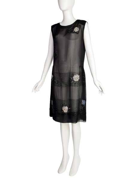 Abby Fredelle Vintage 80s Does 20s Black Sheer Silk Chiffon Beaded Flapper Style Dress